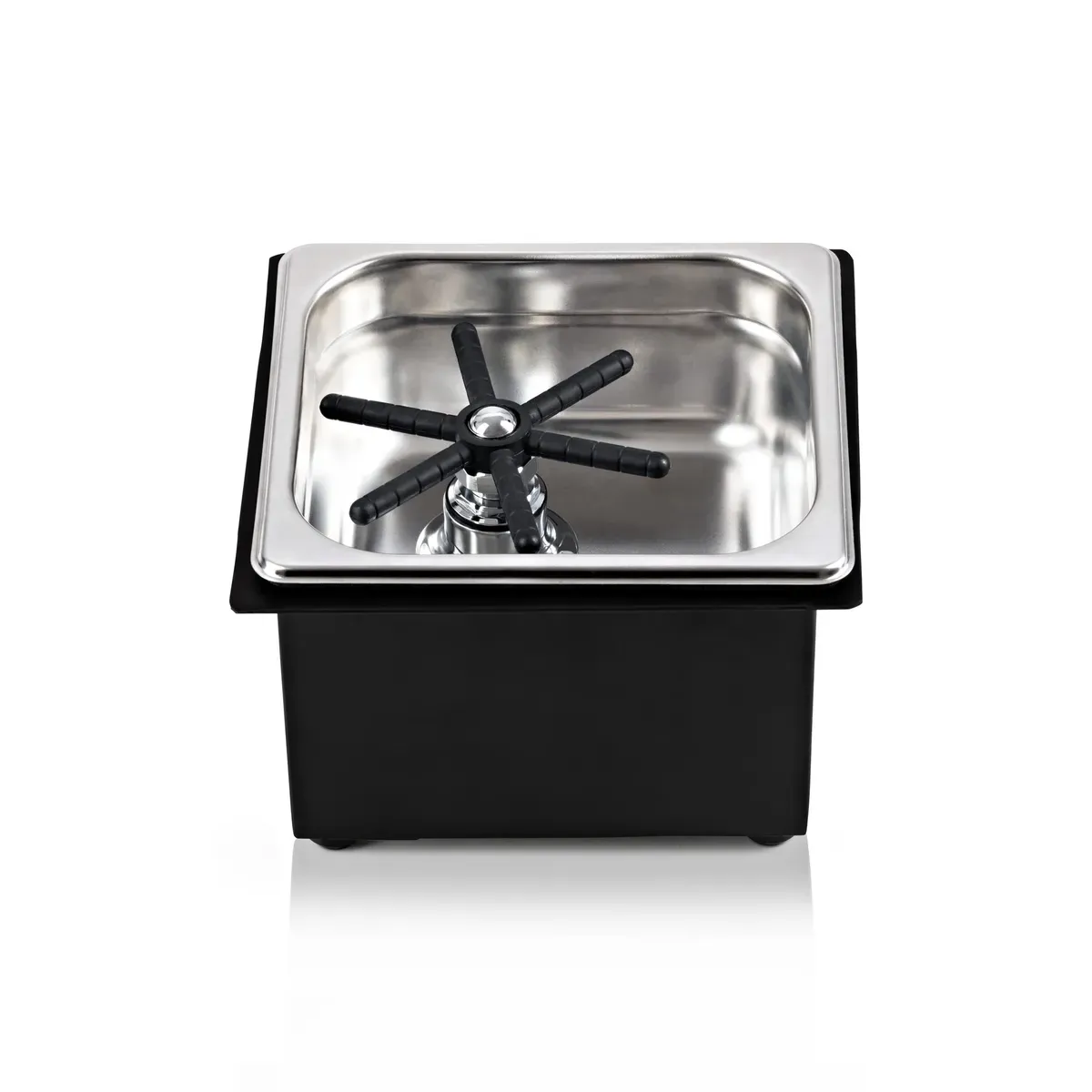 A Coffee Armada stainless steel jug rinser in its black base
