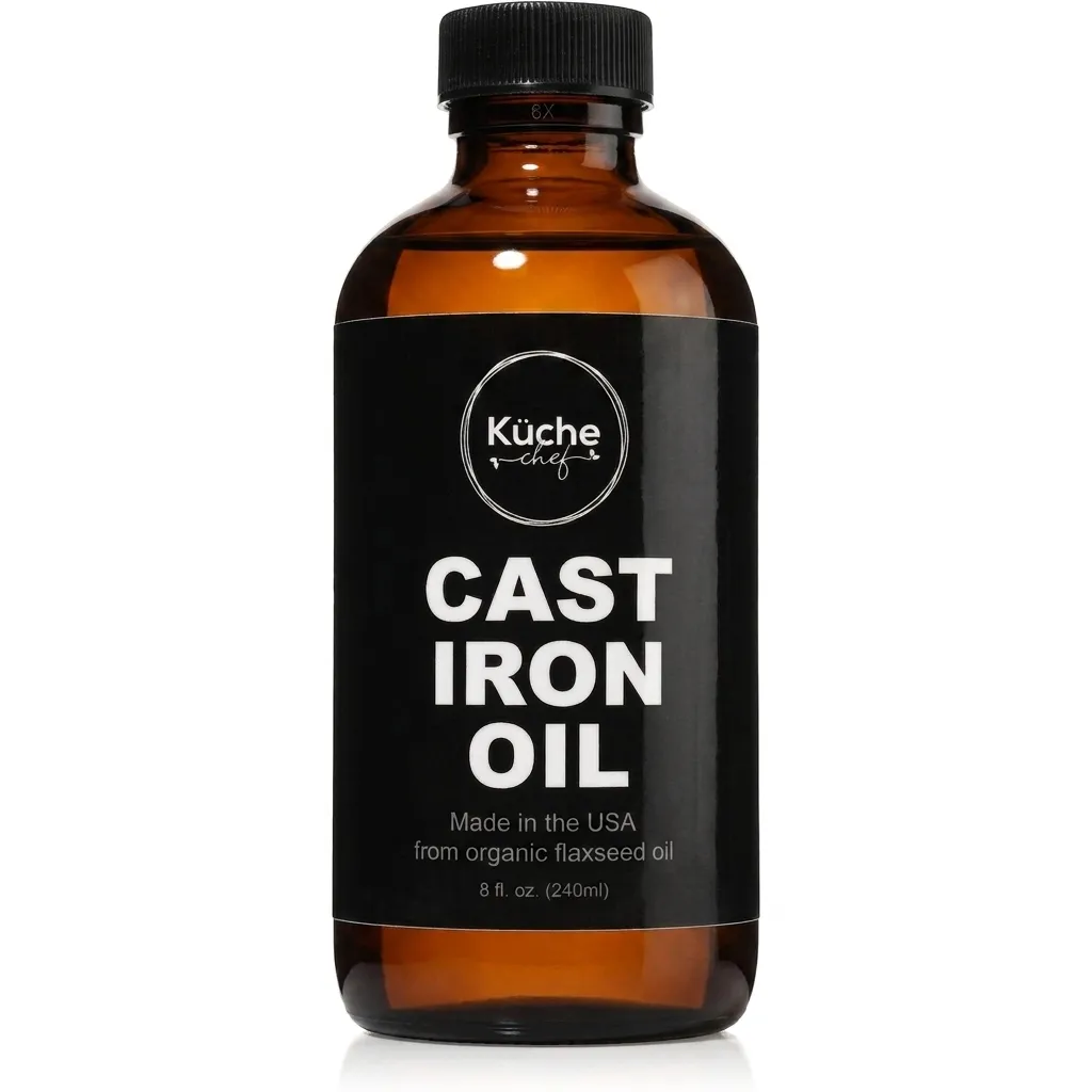 Front of an 8 fl oz amber bottle of Küche Chef Cast iron oil