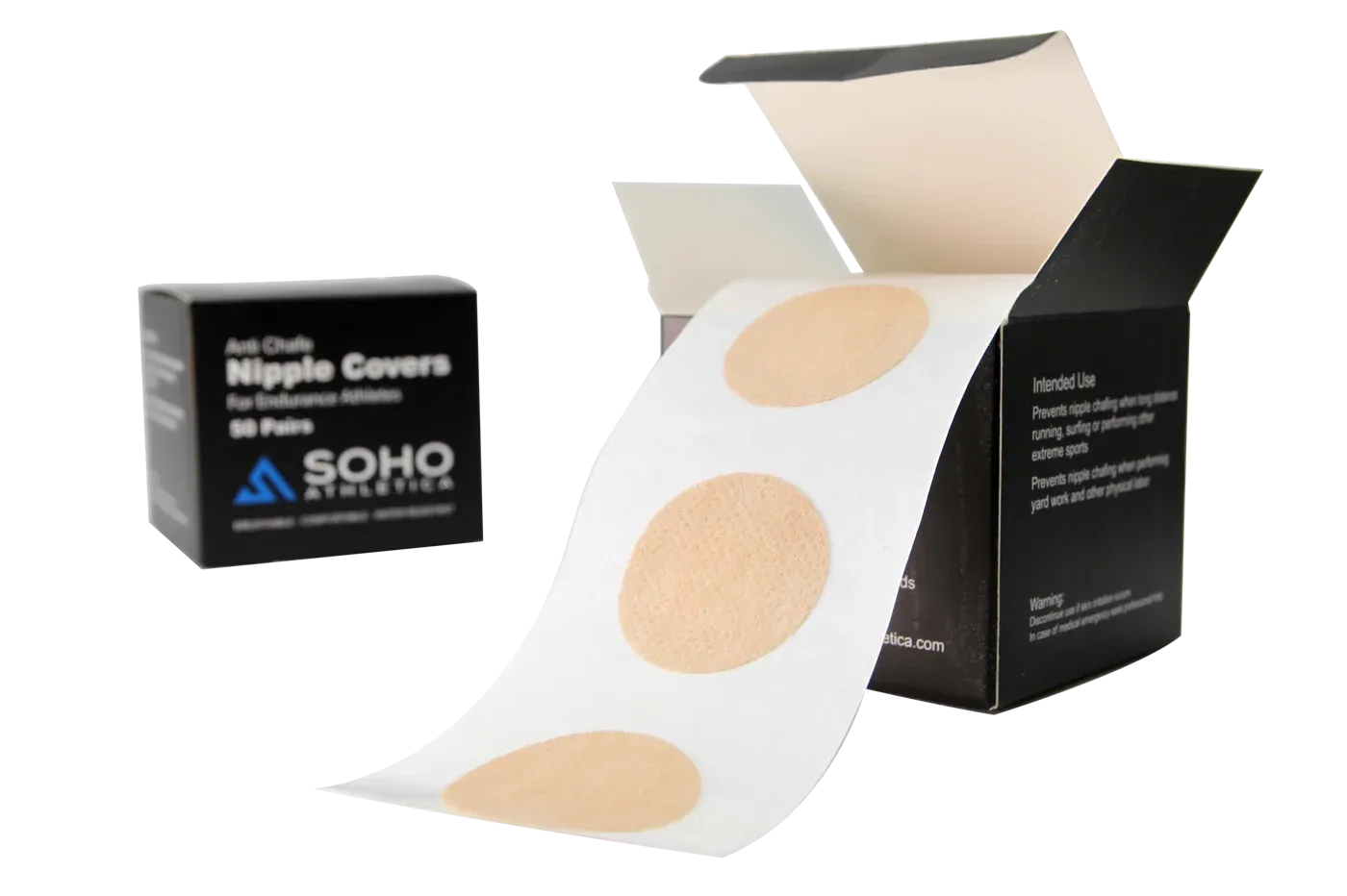 An open box of SOHO Athletica nipple covers with a strip of covers pulled out